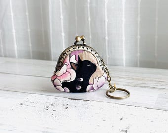 Black Cat Mini Coin Purse: Pink Floral with Keychain