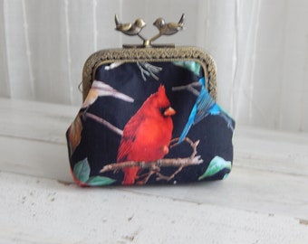 Colorful Birds and Floral Coin Purse Wallet with Bird Kiss Clasp