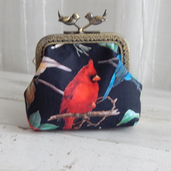 Colorful Birds and Floral Coin Purse Wallet with Bird Kiss Clasp