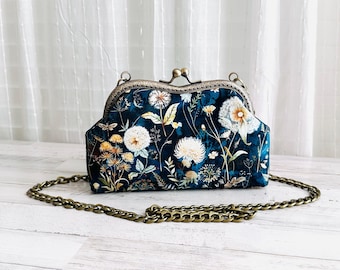 Midnight Floral Crossbody bag: Small Purse with Aluminum Chain Strap Kiss Lock