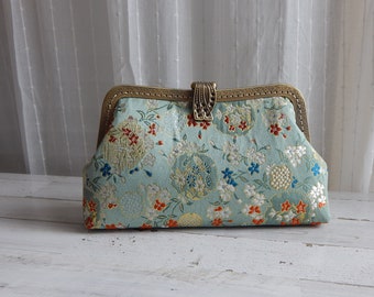 Green Embroidery Floral Clutch Purse Wallet / Crossbody Aluminum Chain Strap