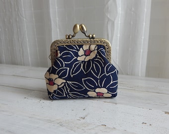 Dark Blue Floral Design Coin Purse Wallet with Kiss Clasp