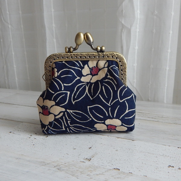 Dark Blue Floral Design Coin Purse Wallet with Kiss Clasp