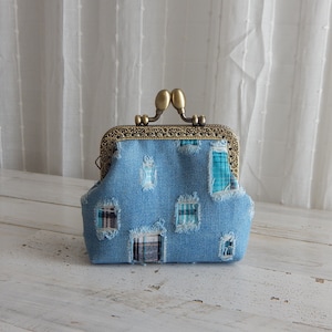 Light Blue Denim Jean Coin Purse Wallet with Kiss Clasp