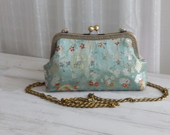Green Embroidery Silk Floral Crossbody bag Purse Wallet with Aluminum Chain Strap