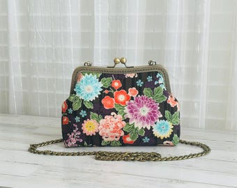 Japanese Style Floral Design Medium Crossbody bag with Aluminum Chain Strap