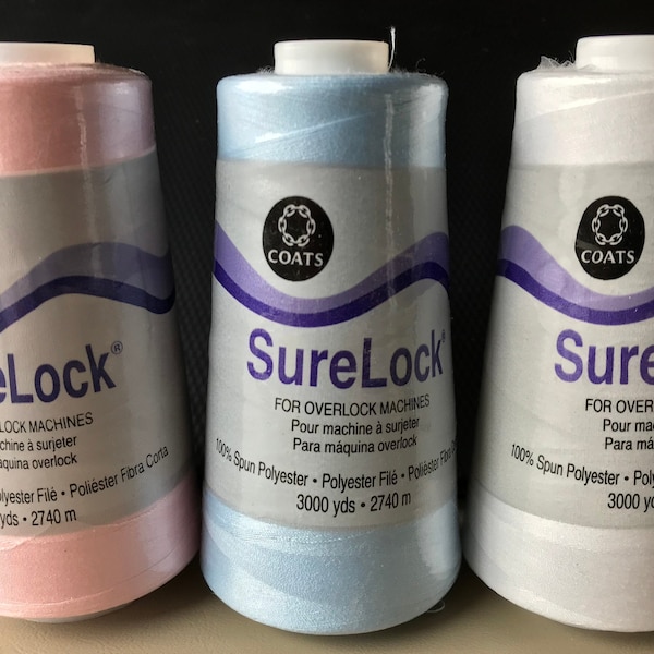 Coats SureLock Cones of Spun Polyester Thread for Overlock Machines- 3000 yds each  White and Blue available