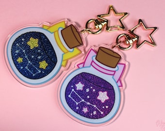 Round Galaxy in a Bottle Glitter Keychain | Acrylic Star Charm