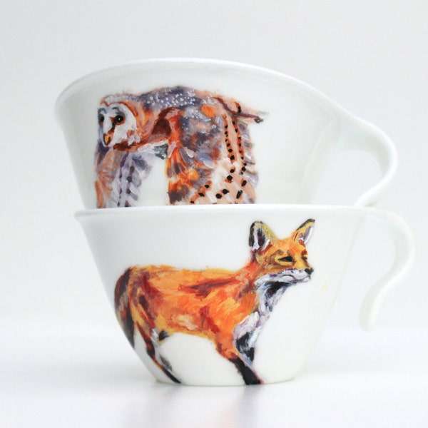 Handpainted Teacups - Fox & Owl - Woodland Animals - Original Painting