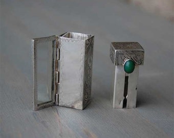 Antique 800 Sterling Silver Lipstick Case/ Holder w/ Spring Mirror-Green  Stone