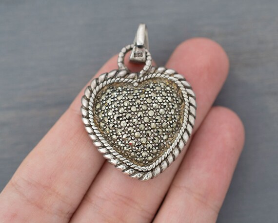 Vintage Silver Heart Marcasite Pendant - Large St… - image 3