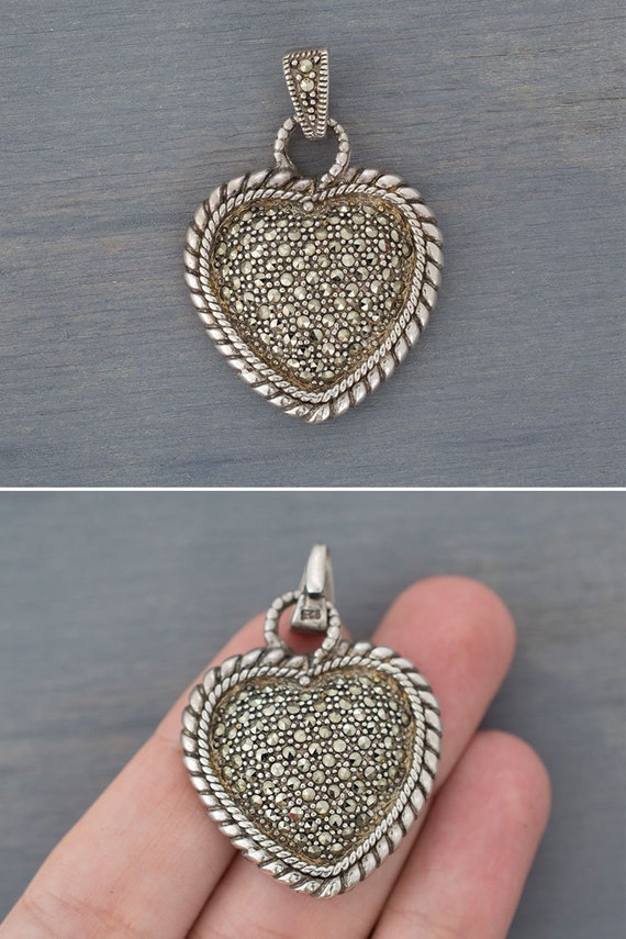 Vintage Silver Heart Marcasite Pendant - Large St… - image 4