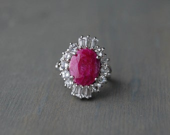 Vintage Pink Ruby Ballerina Cocktail Ring - Sterling Silver, Oval Pink Ruby Ring with Cubic Zirconia - July Birthstone