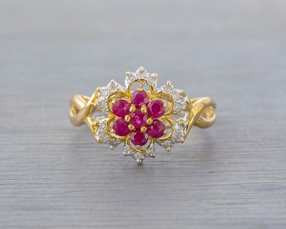RESERVED 14k Gold Ruby Flower Ring Vintage Two Tone Gold | Etsy