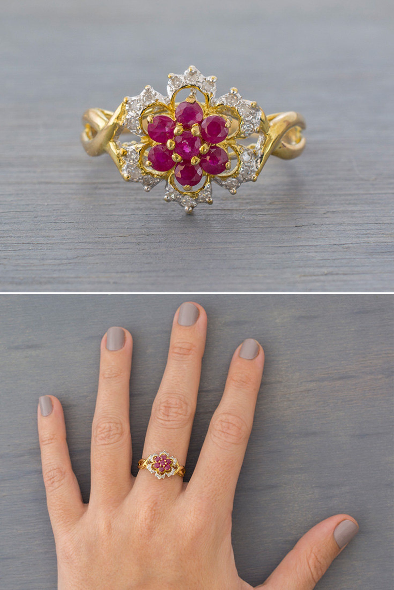 RESERVED 14k Gold Ruby Flower Ring Vintage Two Tone Gold | Etsy