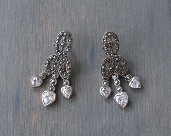 Art Deco White Sapphire Dangle Earrings - Vintage Marcasite Hearts Dangling Earrings - Pyrite Earrings - Valentine's Gift Wife Girlfriend
