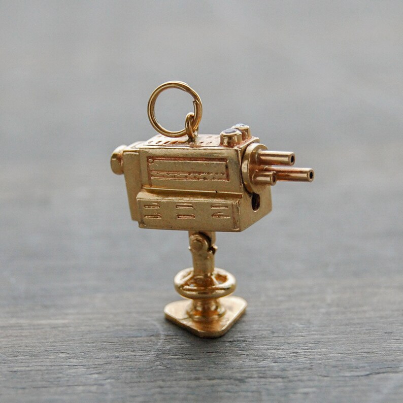 14k Gold Camera Charm Vintage Movie Camera Articulated Pendant 1950s