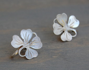 Vintage Sterling Silver Flower Screw Back Earrings - Circa 1930s 40s