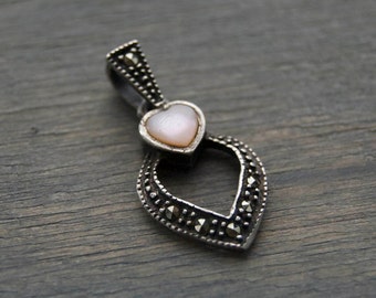 Vintage Sterling Silver Heart Charm - Marcasite Heart Pendant - Pink Mother of Pearl Heart - Pyrite Charm