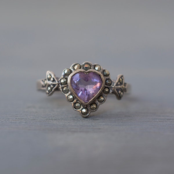 Vintage Silver Amethyst Heart Ring, Marcasites - Art Deco Sterling Pyrite Ring - Valentine's Gift - Wife, Mom, Her - February Birthstone