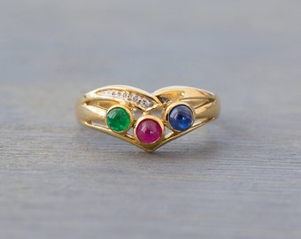 Vintage 14k Yellow Gold Diamond, Ruby, Emerald, Sapphire Ring - Retro Three Stone Cocktail Ring - 1980s Anniversary Gift Wife - V shaped