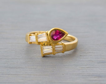 Vintage 18k Yellow Gold, Red Ruby Diamond Ring - Retro Engagement Ring - Bridal Jewelry - Anniversary Gift Her, Wife - July Birthstone