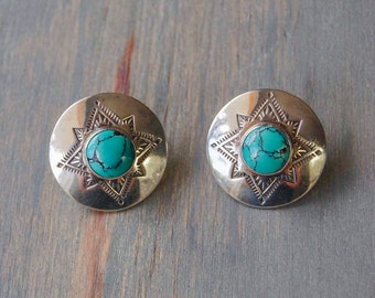 Vintage Navajo Sterling Turquoise Disc Earrings - Geometric Post Earrings - December Birthstone