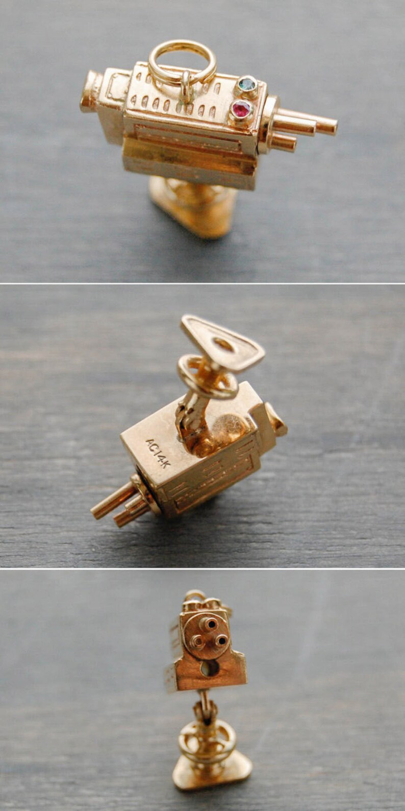 14k Gold Camera Charm Vintage Movie Camera Articulated Pendant 1950s