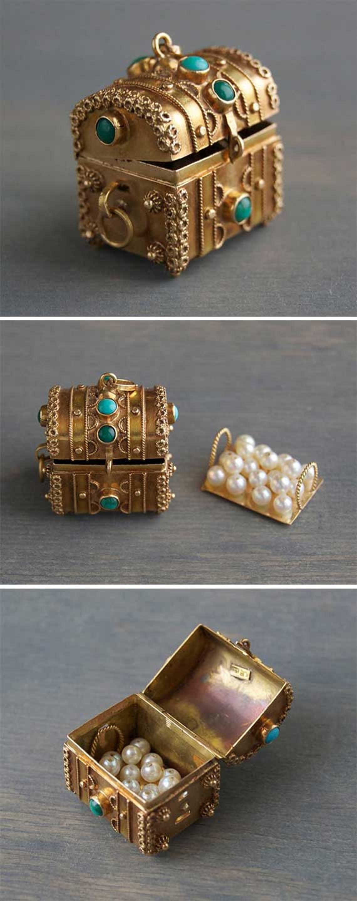 18k Gold Treasure Chest Charm With Pearl Loot Vintage Etsy