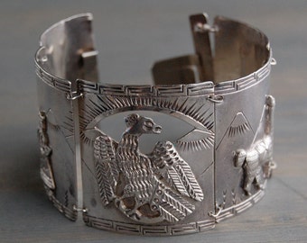 Large Silver Peruvian Bracelet - Vintage Sterling Link Cuff - Inca and Llama Relief Design