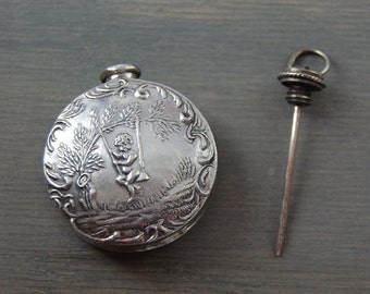 Victorian Sterling Perfume Bottle Chatelaine Fob Charm - Antique Sterling Silver Repoussé Vinaigrette Scent Pendant