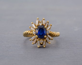 18k Yellow Gold Sapphire Diamond Ring - Vintage Blue Sapphire Engagement Ring - 1980s Retro Anniversary Gift - September Birthstone