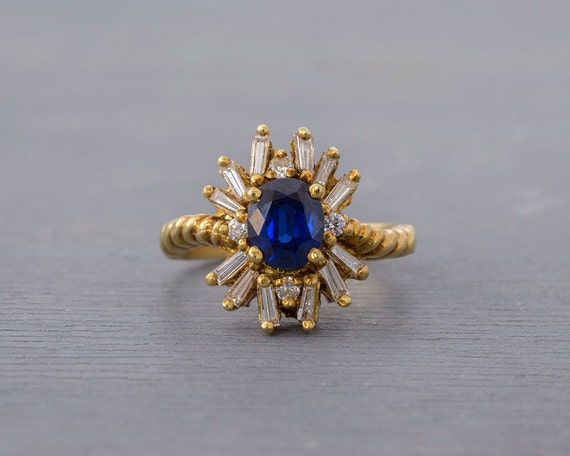 18k Yellow Gold Sapphire Diamond Ring - Vintage B… - image 1