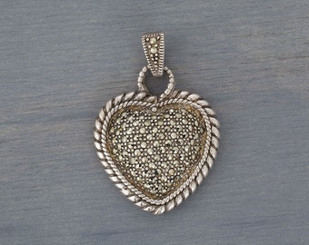 Vintage Silver Heart Marcasite Pendant - Large Sterling Silver Heart Pendant - Pyrite Heart - Valentine's Gift Wife Girlfriend