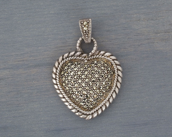 Vintage Silver Heart Marcasite Pendant - Large St… - image 1