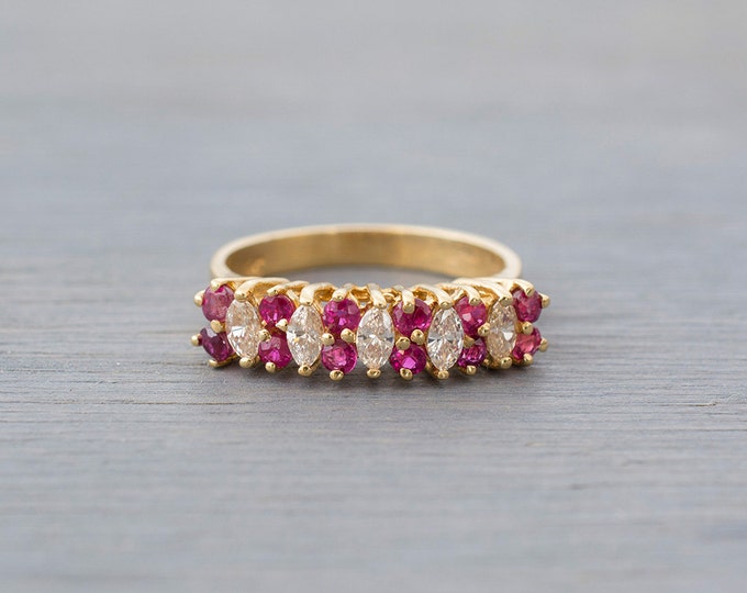 14k Yellow Gold Ruby Diamond Ring - Vintage Ruby Diamond Wedding Band ...