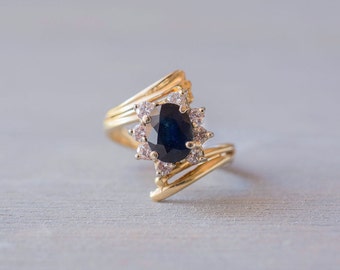 Vintage 14k Gold Sapphire Diamond Ring - Blue Sapphire Yellow Gold Engagement Ring - Retro Anniversary Gift - September Birthstone