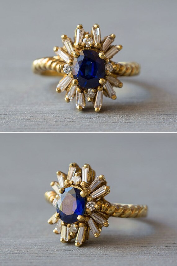 18k Yellow Gold Sapphire Diamond Ring - Vintage B… - image 2