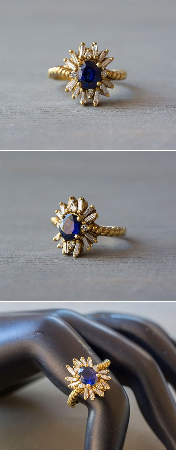 18k Yellow Gold Sapphire Diamond Ring - Vintage B… - image 3