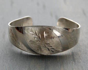 Vintage Silver Cuff Bracelet, Engraved Flower Design - 800 Silver