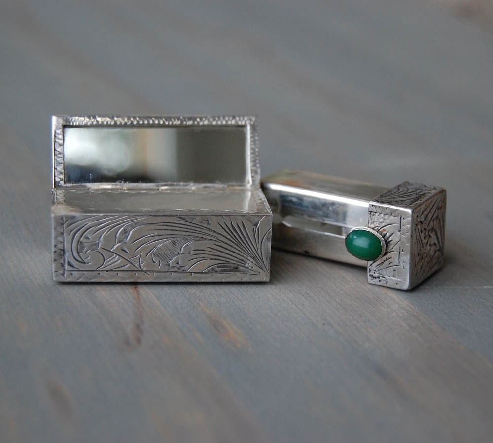 Art Deco Silver Lipstick Case and Mirror Green Malachite -  UK