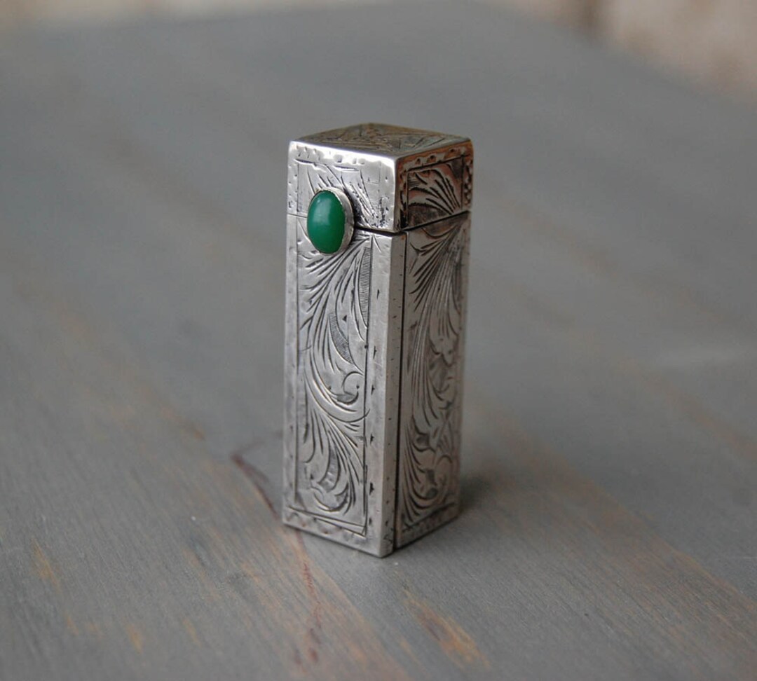 Art Deco Silver Lipstick Case and Mirror Green Malachite -  UK