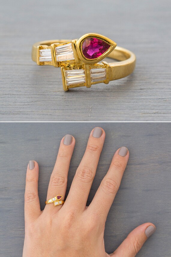 Vintage 18k Yellow Gold, Red Ruby Diamond Ring - … - image 5