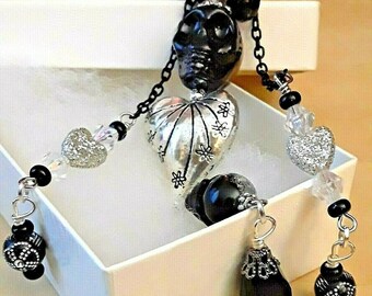 Black Skull Rearview Mirror Car Charm Gothic Skull with Silver Tone Heart Car Charm