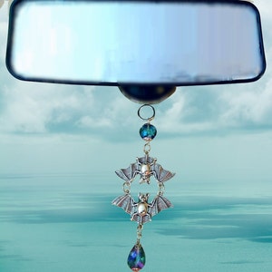 Bats Rearview Mirror Charm Two Bats with Crystal Teardrop Beads