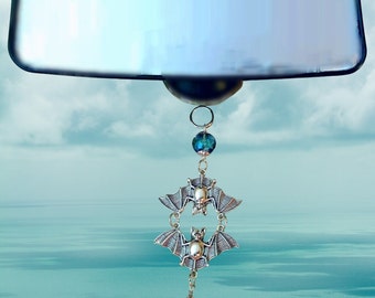 Bats Rearview Mirror Charm Two Bats with Crystal Teardrop Beads