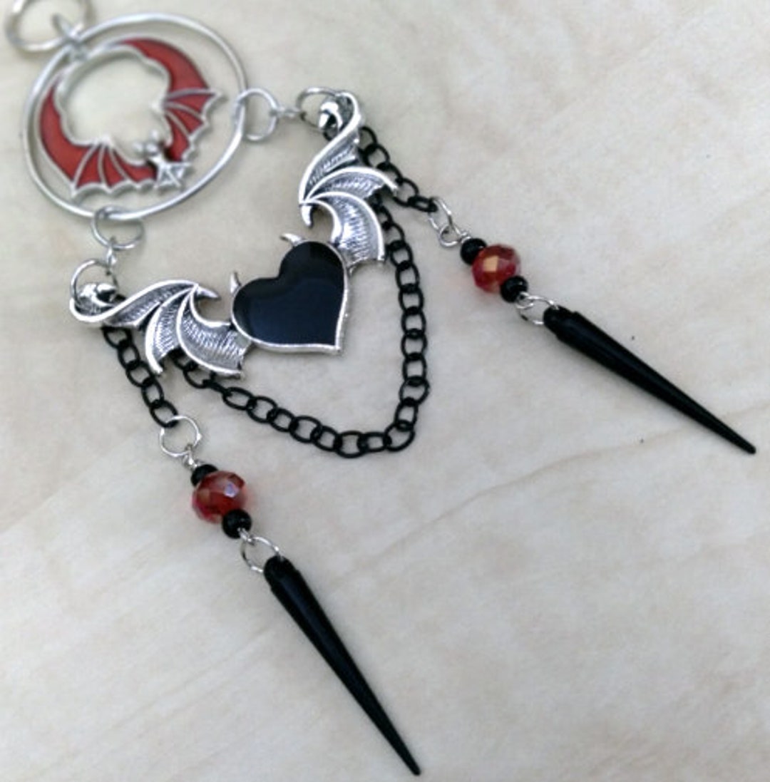 Bat, Devil Heart, Black Heart with Horns and Wing, Rearview Mirror Charm, Gothic Car Charm, Goth Accessory