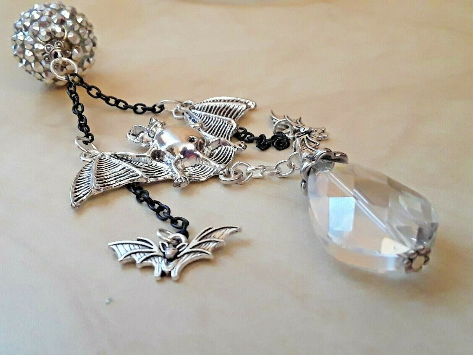 Bats Rear View Mirror Charm Antique Silver Tone Bats Gothic Car Chim