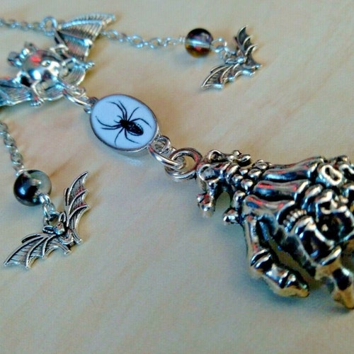 Bats Spider Skull Hand Rear View Mirror Charm Antique Silver Tone Bats and Skull Hand Creepy Gothic Car Chim