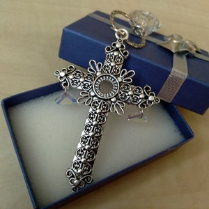 Crystal Heart Cross Rearview Mirror Charm